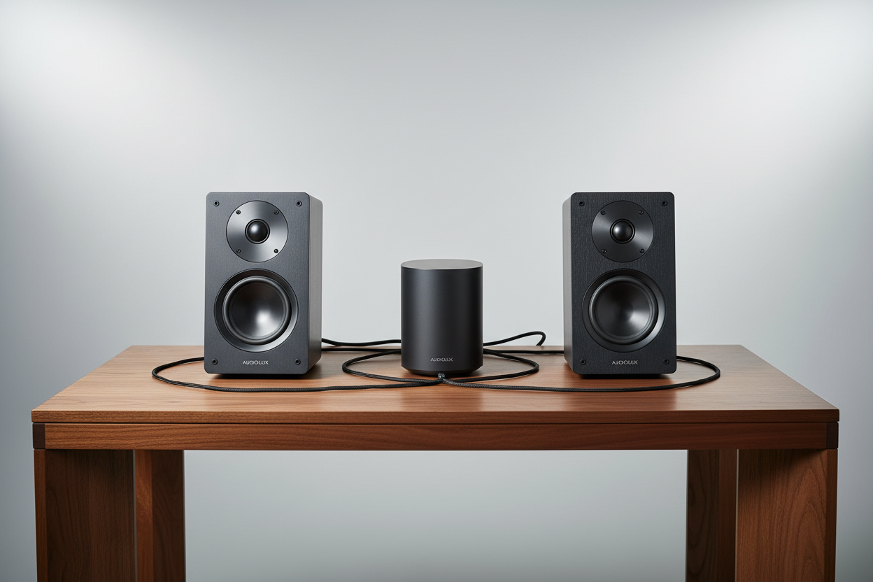 Can you make an image of a table with speakers